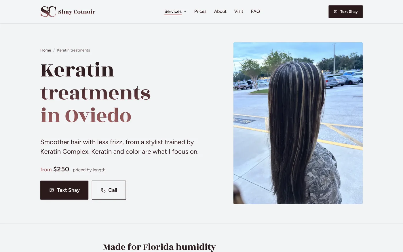 The keratin treatment page on Shay Cotnoir's site